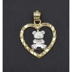 Real 10K Solid Yellow Gold Teddy Bear Inside the Heart Shiny Pendant
